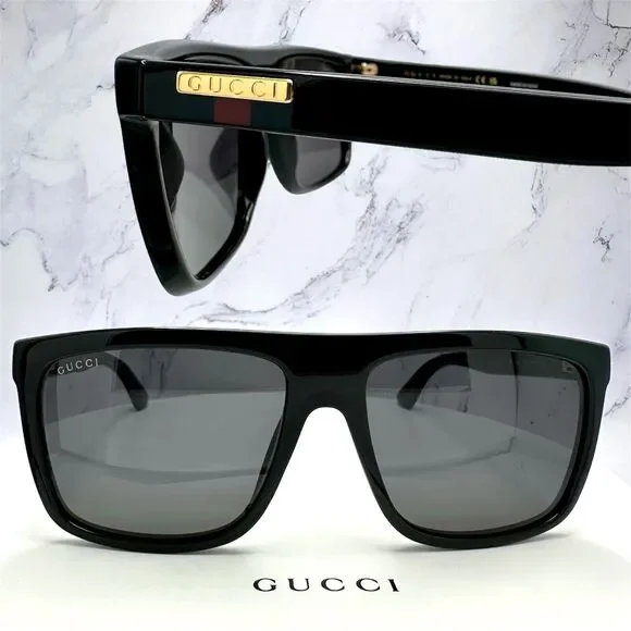 New GUCCI Sunglasses Black Square Aviator Gold Plate Engraved Logo Web Arm GUCCI
